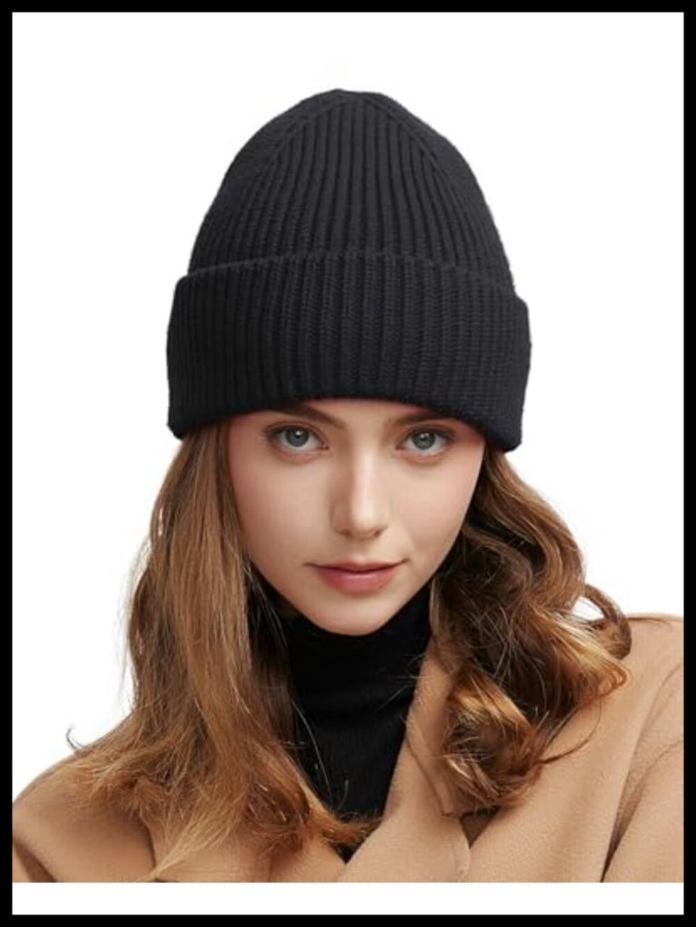 Merino Wool Blend Seamless Knit Cuffed Beanie Warm Winter Hat
